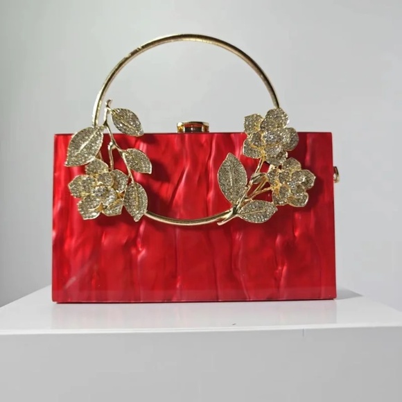 #B008  Red Acrylic  Bold Elegance  Marble  Rhinestones Gold Floral Handle Clutch - Picture 1 of 5